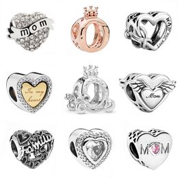 925 Perles En Argent Sterling Fit Pandora Bracelets Amour Coeurs Famille Couronne Charmes CZ Diamant Pendentifs Avec Boîte D'origine