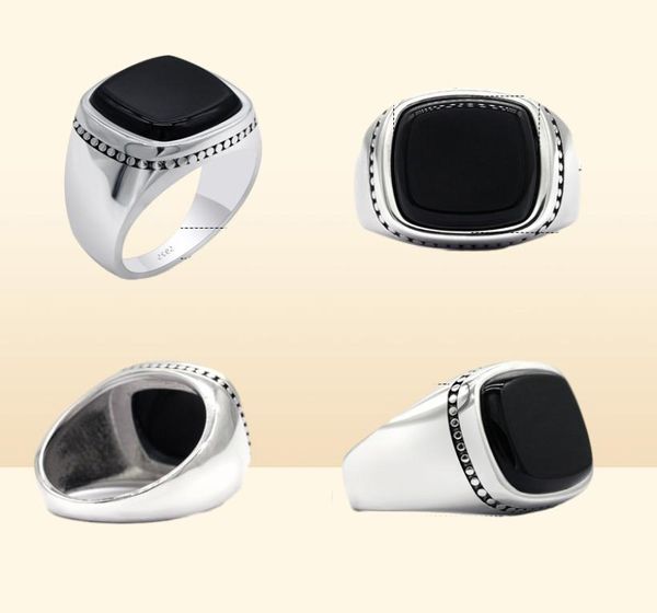 925 Ring de sello negro de plata esterlina para hombres Agadas cuadradas aqeeq anillos turcos039s joyas de moda aniversario de bodas regalos5061584