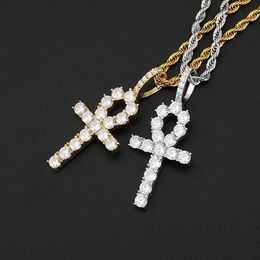Pendentif croix ANKH en argent STERLING 925, 24 chaînes de corde, 7 6g, zircone cubique, bijoux hip hop pour hommes et femmes, 153F
