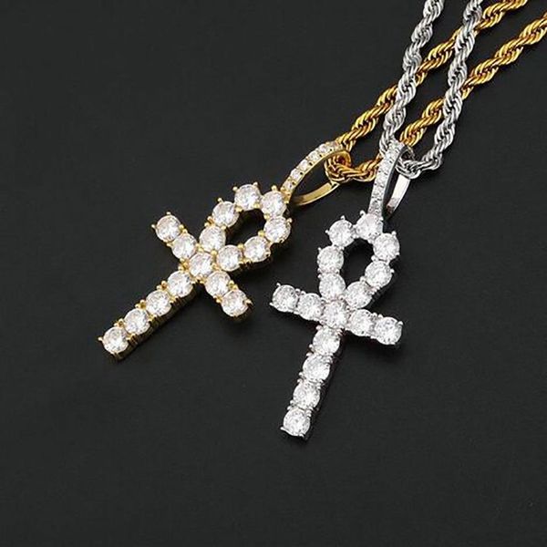 COLGANTE DE CRUZ ANKH BLING OUT DE PLATA DE LEY 925 CADENA DE 24 CUERDAS 7 6g JOYERÍA HIPHOP DE ZIRCONIA CÚBICA PARA HOMBRES MUJERES284u