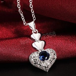 925 Sterling Silver Blue AAA Zirkon Hart Paar ketting voor vrouwen Fashion Wedding Party Charm Jewelry