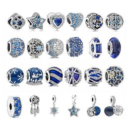 925 Sterling Silver Blue Beads Charms Femmes avec BOÎTE D'ORIGINE pour Pandora CZ Crystal Pave Convient Serpent Chaîne Bracelet Enfants Cadeau D'anniversaire DIY Faire Des Bijoux B034