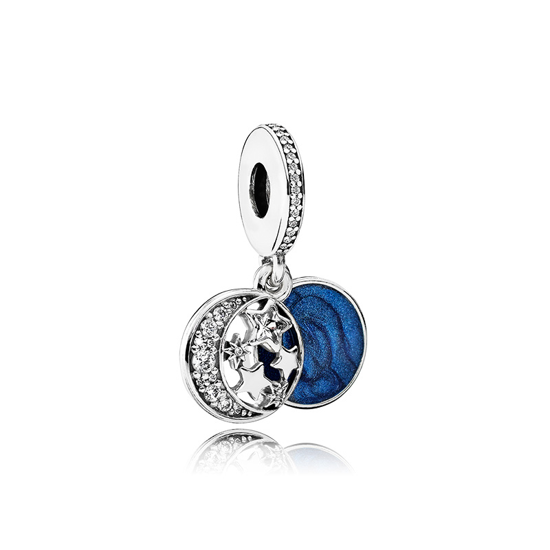 925 prata esterlina azul esmalte estrela e lua pingente encantos caixa original para pandora europeu talão encantos pulseira colar colar de jóias