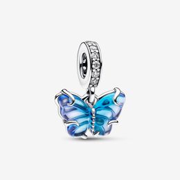 925 Sterling Silver Blue Murano Glass Butterfly Dangle Charm Fit Original European Charms Bracelet Mode Bijoux De Mariage Accessoires
