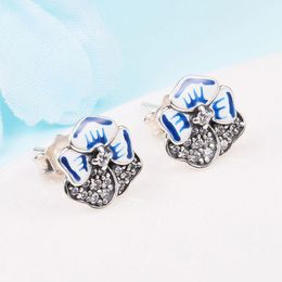 925 Sterling Zilver Blue Pansy Flower Stud Oorbellen Past Europese Pandora Style Sieraden Fashion Oorbellen