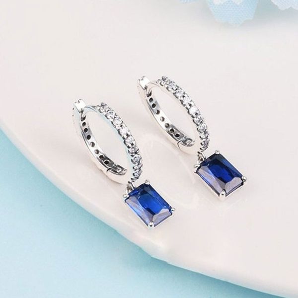 Pendientes de aro brillantes rectangulares azules de plata de ley 925 que se adaptan a los pendientes de moda de joyería de estilo Pandora europeo