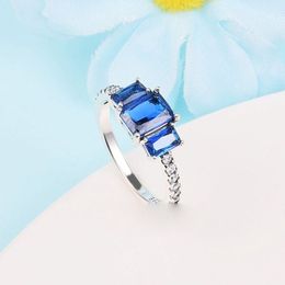 925 Sterling zilverblauw rechthoekige rechthoekige drie stenen sprankelende ring Fit Pandora Jewelry Betrokkenheid bruiloftliefhebbers Fashion Ring For Women