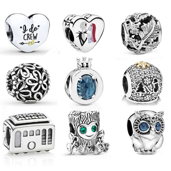 925 STERLING Silver Blue Sparkling Crown O Charm Sweet Tree Monster Charms Owl Bead Openwork Leaves Cable Car Perles Fit Pandora Style B 209C
