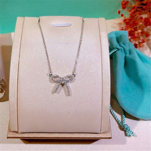 925 Sterling Silver Bow Pendentif Collier Diamant Clavicule Chaîne Femmes Bijoux En Gros Saint Valentin
