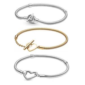 925 Pulsera de plata esterlina Festival de San Valentín para amar Cadena de hueso de serpiente Tira larga Serie T -raya Pulsera de joyería Pandora en forma de corazón Entrega gratuita