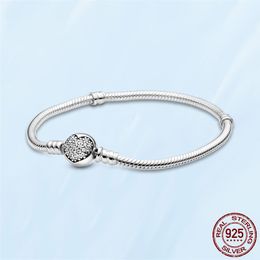 925 Sterling Silver Bracelets Pour Femmes Fit Pandora Charms Perles DIY Bijoux CZ Diamant Forme De Coeur Fermoir Rond Serpent Chaîne Bracelet Lady Cadeau Avec Boîte D'origine