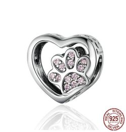 925 Sterling Silver Cat Footprints Print Bracelet Charm Puppy Dog Paw Hartshape Bead Geschikt voor Bracele DIY -sieraden Accessorie7633629