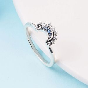 Anillo de plata de ley 925 con luna brillante azul celeste compatible con joyería Pandora compromiso amantes de la boda anillo de moda para mujer