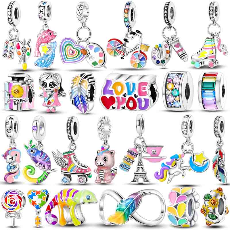 925 Sterling Silver Chameleon Charms Bead Colorful Sketchpad Dangle Zirconium Clip Pando Bracelet Necklace DIY Jewelry Marking