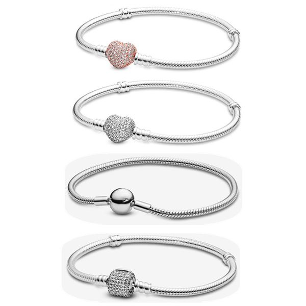 Bracelet de créateur de charme en argent sterling 925 pour femmes bijoux cadeau de fiançailles de haute qualité diamant rose incrusté chaîne d'os de serpent bricolage ajustement bracelets de base Pandoras