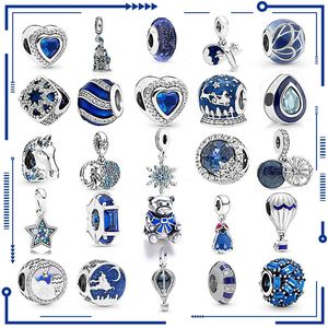 Colgante de plata de ley 925 con piedras preciosas azules, colgante de corazón y estrella para pulsera Pandora Original, joyería DIY para mujer, entrega gratuita