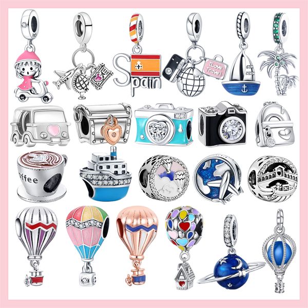 Breloque en argent 925, Globe de voyage, avion, valise, perles, Bracelet Pandora Original, bijoux