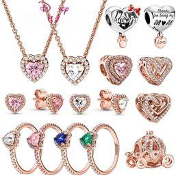 Bracelet à breloques en argent Sterling 925 pour femmes, or Rose, forme de cœur, boucles d'oreilles, collier, perles, bricolage, cadeau d'anniversaire, bijoux