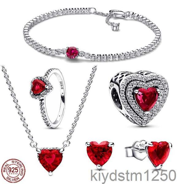 925 encantos de plata esterlina pulseras joyería conjunto de cinco piezas de parpadeo serie de corazón rojo diseñador pulsera collar anillo ajuste hermoso regalo para novia 0coz