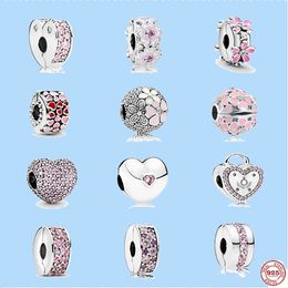 925 Sterling Silver Charms voor sieraden maken voor pandora kralen sieraden cadeau groothandel roze pave bloem hart lock clip kraal
