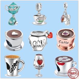 925 Sterling Silver Charms voor sieraden Making for Pandora Beads Coffee Teapot Mead Glass Bead Dange Love Charms