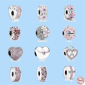 Breloques en argent sterling 925 pour la fabrication de bijoux, perles pandora, cadeau, vente en gros, fleur pavée rose, Clip de verrouillage en forme de cœur, perle