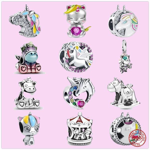 Dijes de plata de ley 925 para la fabricación de joyas para pulsera de cuentas de pandora Bruno The Unicorn Rocking Horse charm set colgante