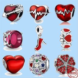 925 Sterling Silver Charms voor Pandora Jewelry Beads Red Oil Color Elektrocardiogram kralen