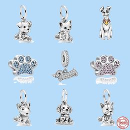 925 Sterling Silver Charms voor Pandora sieraden kralen schattige puppy blauwe hondenhoofd pootkop hanger nieuw