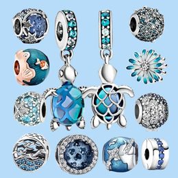 Breloques en argent sterling 925 pour perles de bijoux pandora New Ocean Blue Sea Turtle Dangle Bead Pendant