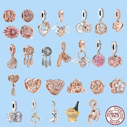 925er Sterlingsilber-Charms für Pandora-Schmuckperlen, Roségold, rosa Gänseblümchen-Charms, passend für Originalperlen
