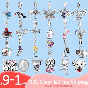 Breloques en argent sterling 925 pour perles de bijoux pandora Cat Love Heart Dangle Charm Silver Color Bead Pendant