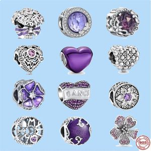 Breloques en argent sterling 925 pour perles de bijoux pandora Dangle Charm Dream Purple Beads Love Heart Flowers Pendant