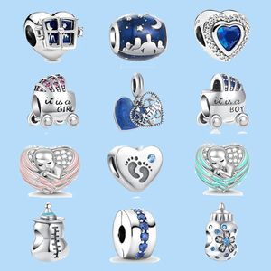 Breloques en argent sterling 925 pour perles de bijoux pandora DIY Pendentif femmes Bracelets perles New Silver Blue Family Pendentif BoyGirl Biberon