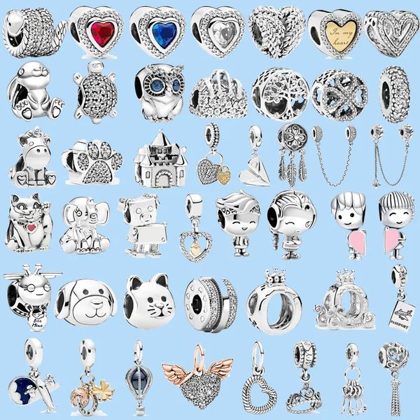 925 breloques en argent sterling pour bijoux pandora perles couleur chat porte-bonheur chaîne de sécurité chien patte couronne hibou amour pendentif