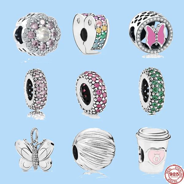 Dijes de plata de ley 925 para cuentas de joyería pandora, nueva copa europea, mariposa, rosa, rojo, espaciador, clip diy