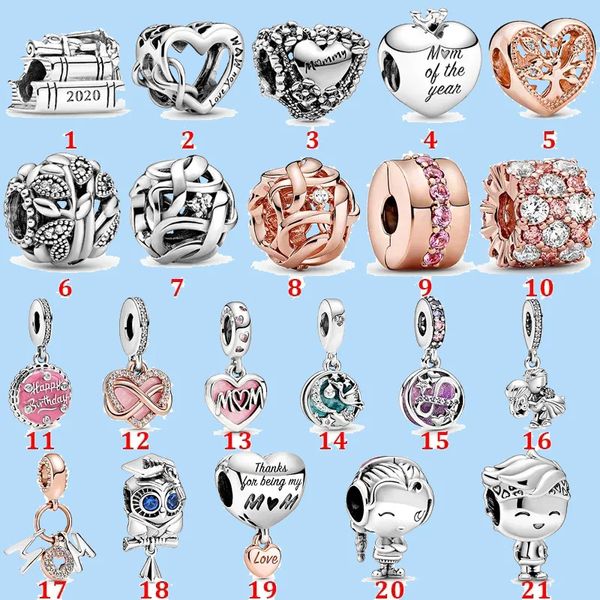 Breloques en argent sterling 925 pour perles de bijoux pandora Bracelet Charms Love Heart Fête des mères Rose Gold Fastener Beads Love Heart Blue Crysta