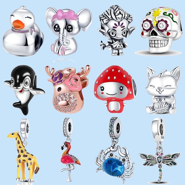 Dijes de plata de ley 925 para cuentas de joyería pandora animales cangrejo pato jirafa serie encanto conjunto colgante DIY joyería de cuentas finas