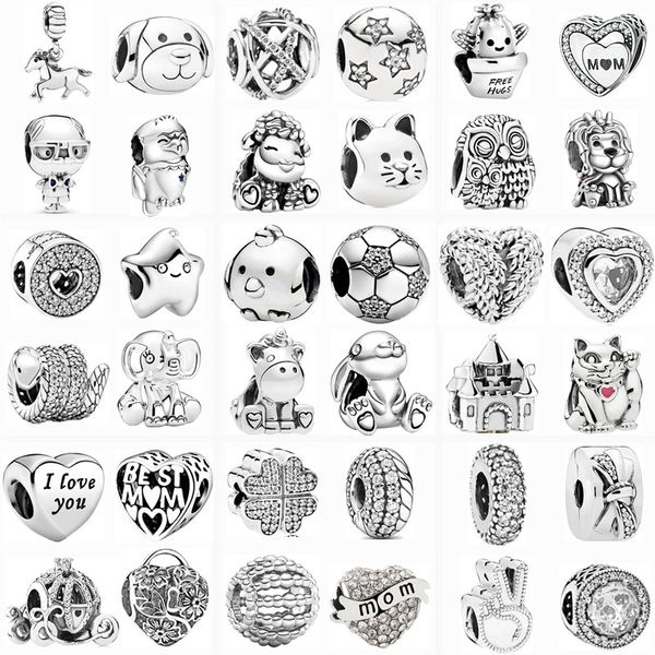 925 Sterling Silver Charms Nouvelle Couleur Argent Chat Chanceux Plume Hibou Château DIY Perles Original Fit Pandora Bracelet Fabrication de Bijoux DIY Cadeau