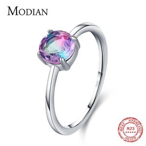 925 Sterling Argent Classique Romantique Ronde Sparkling Pastèque Tourmaline Bague Pour Femmes Bijoux Féminins 210707