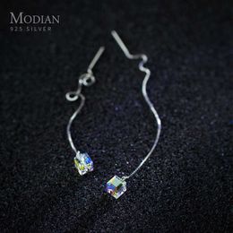 925 Sterling Zilver Kleurrijke Crystal Geometric Square Drop EarRNG voor Dames Mode Dangle Earring Fijne Sieraden Gift 210707