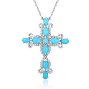 925 Sterling Silver Cross ketting voor vrouwen 5,5 karaat Natuurlijke turquoise trui ketting Kruiskruid Fijne sieraden