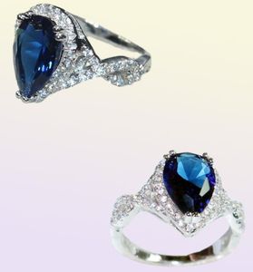 925 Sterling Silver Crown Delicate Pearshaped Blue Sapphire Waterdop Edelsteen ring Vinger Maat 5108979853