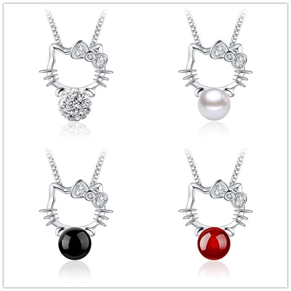 925 argent sterling mignon bel kitty chat colliers femmes bijoux de mode animal cubique zirconi perle rouge agate noir onyx coulant coullier pendant 45 cm chaîne de boîte