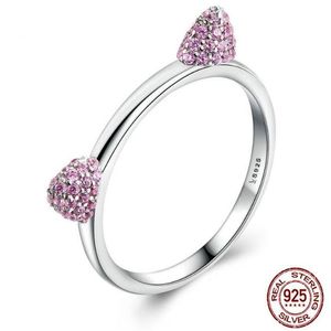 925 Sterling Silver Cute Pink Diamond Cat's Ears Ring voor Bridemaid Engagement Sweety and Romance 100% Zilveren Ring in True Lo227J