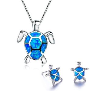 Collier et boucles d'oreilles pendentif tortue en argent Sterling 925, mignon, opale de feu bleue remplie, bijoux animaux de mariage pour femmes, Set219R