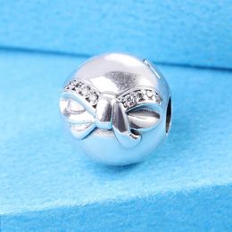 925 Sterling Silver Dainty Bow Clip Charm Avec Clear Cz Bead Fits European Jewelry Pandora Style Charm Bracelets