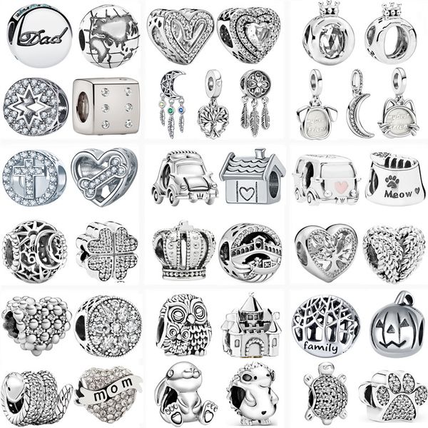 Breloque en argent Sterling 925, 45 styles, couleur argent, voiture électrique, couronne, arbre, lune, chat mignon, chien, perles, adaptées aux bracelets Pandora, accessoires de bijoux à faire soi-même