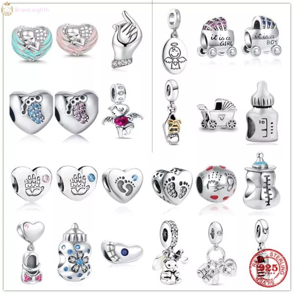 925 Sterling Silver Dangle Charm Bébé Garçon Fille Empreinte De La Main Pendentif Biberon Poussette Perles Perle Pour Pandora Charms Perles En Argent Sterling