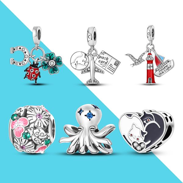 925 Sterling Silver Dangle Charm Noir et Blanc Kitty Squid Coccinelle Mouette Perles Perle Fit Pandora Charms Bracelet DIY Bijoux Accessoires